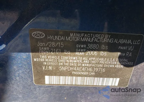 2015 Hyundai Elantra Se z USA, uszkodzony, nr VIN 5NPDH4AE4FH639716